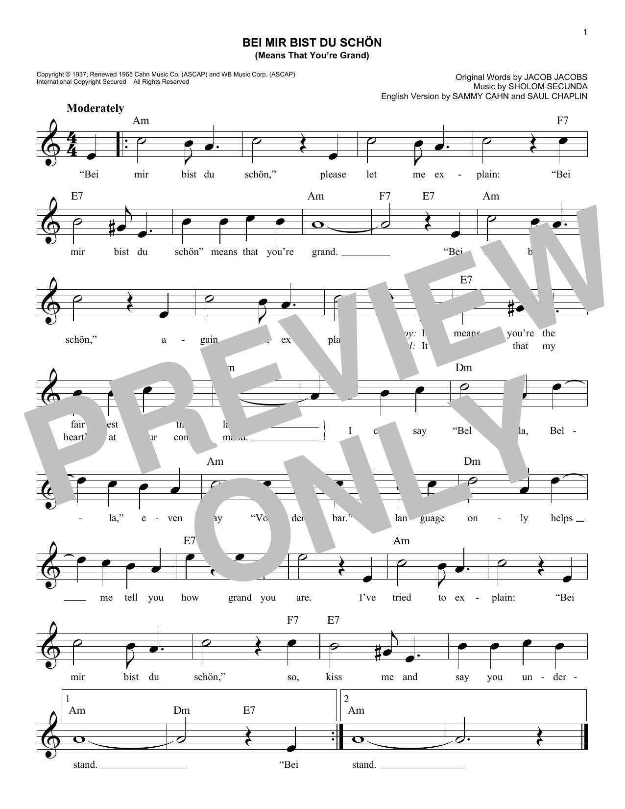 Bei Mir Bist Du Schon (Means That You're Grand) (Lead Sheet / Fake Book) von Louis Prima & Keely Smith