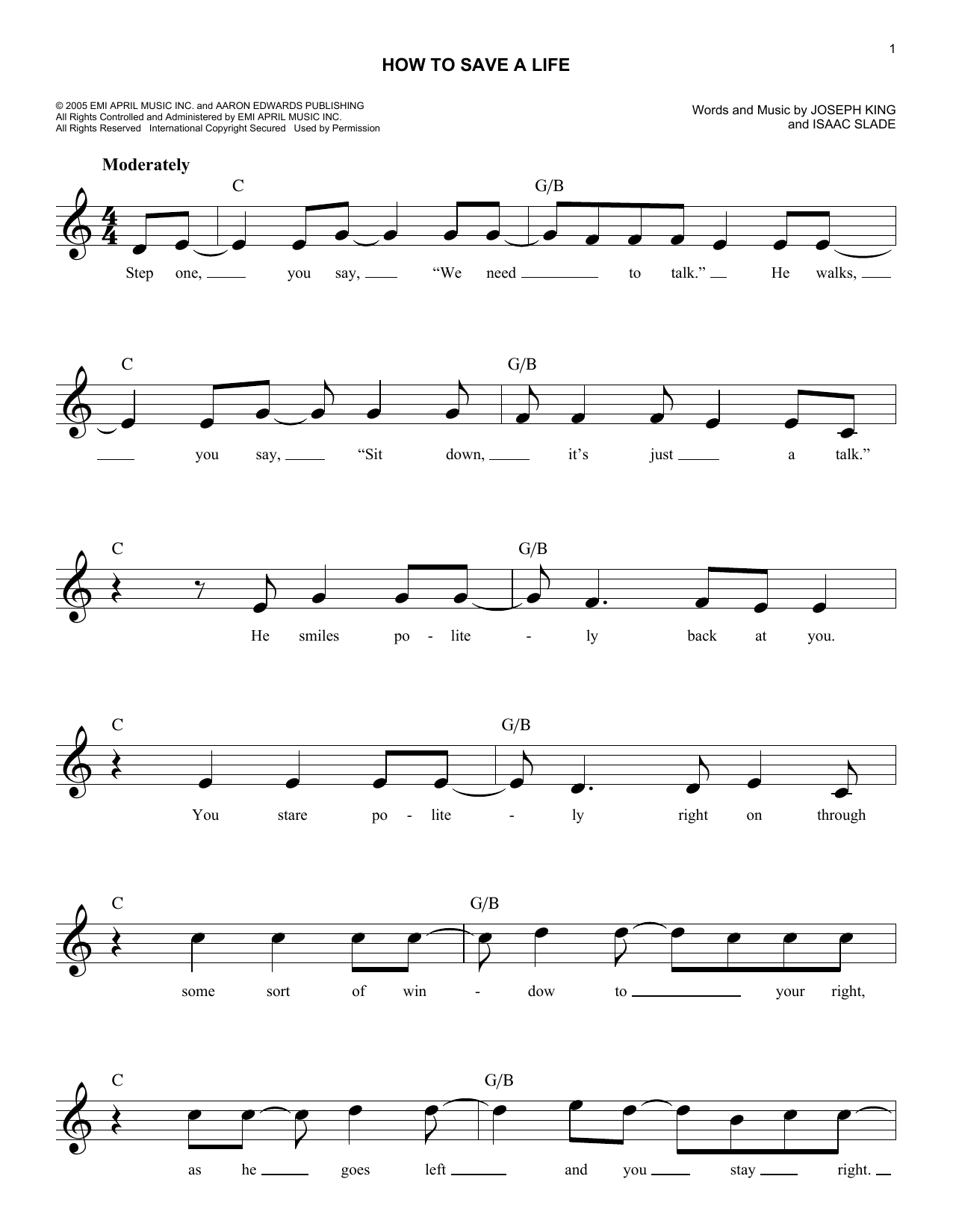 How To Save A Life (Lead Sheet / Fake Book) von The Fray