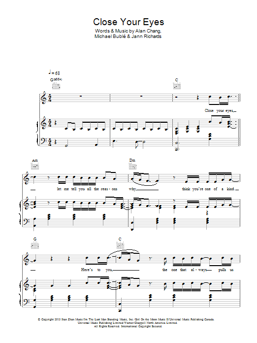 Close Your Eyes (Piano, Vocal & Guitar Chords) von Michael Buble