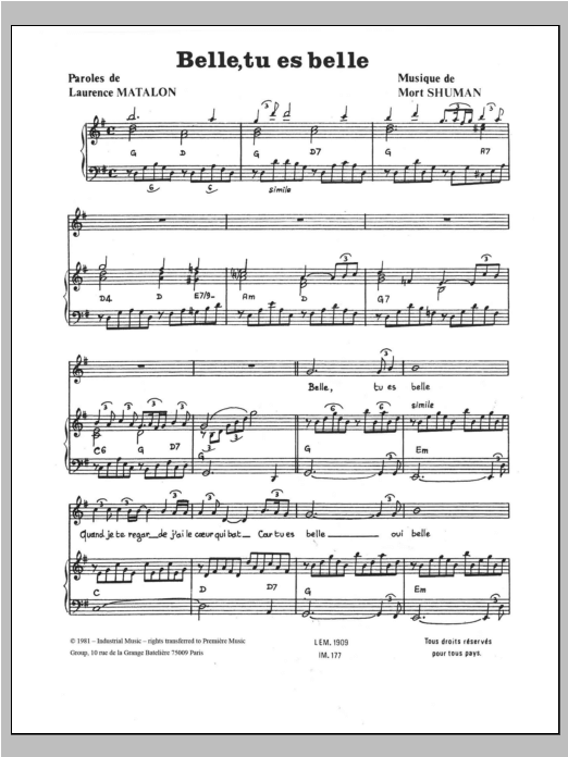 Belle, Tu Es Belle (Piano, Vocal & Guitar Chords) von Mort Shuman
