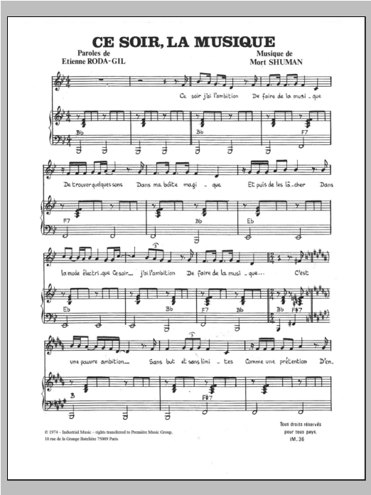 Ce Soir La Musique (Piano, Vocal & Guitar Chords) von Mort Shuman