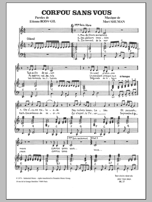 Corfou, Sans Vous (Piano & Vocal) von Mort Shuman