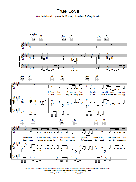 True Love (Piano, Vocal & Guitar Chords) von P!nk feat. Lily Allen
