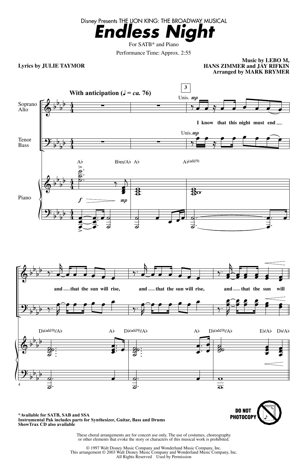 Endless Night (from The Lion King: Broadway Musical) (arr. Mark Brymer) (SATB Choir) von Lebo M., Hans Zimmer, Jay Rifkin and Julie Taymor