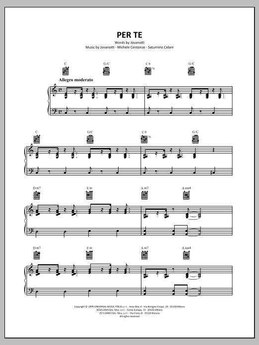 Per Te (Piano, Vocal & Guitar Chords (Right-Hand Melody)) von Jovanotti