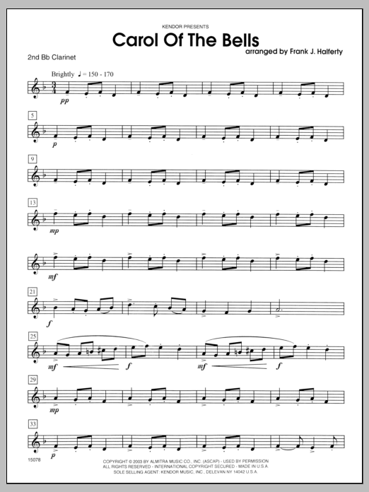 Carol of the Bells - Clarinet 2 (Woodwind Ensemble) von Halferty