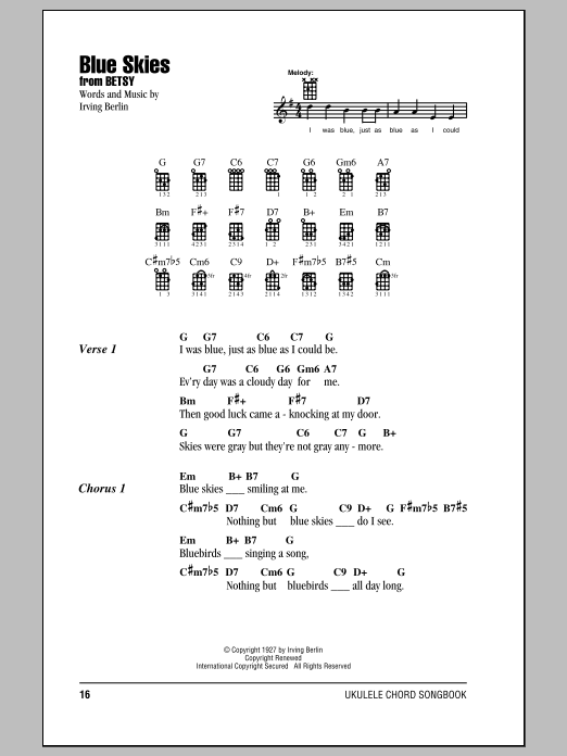 Blue Skies (Ukulele Chords/Lyrics) von Irving Berlin