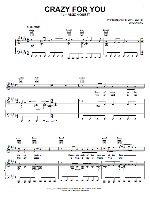 Crazy For You (Piano, Vocal & Guitar Chords (Right-Hand Melody)) von Madonna