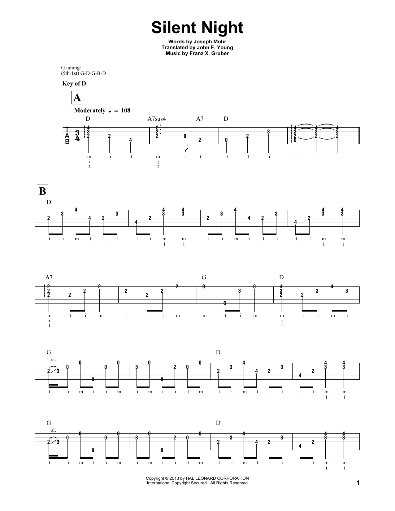 Silent Night (Banjo Tab) von Franz X. Gruber