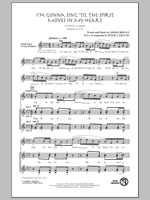 I'm Gonna Sing 'Til The Spirit Moves In My Heart (SSAA Choir) von Peter Eklund