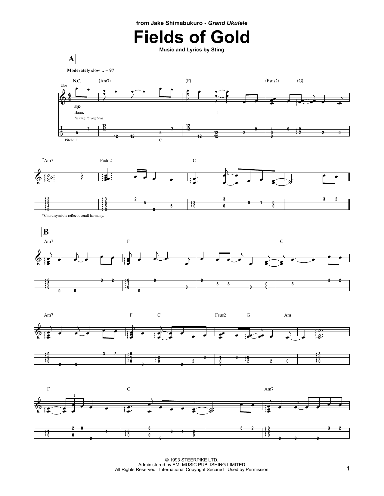 Fields Of Gold (arr. Jake Shimabukuro) (Ukulele Tab) von Sting