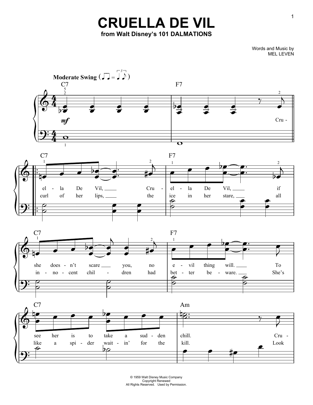 Cruella De Vil (from 101 Dalmations) (Easy Piano) von Mel Leven