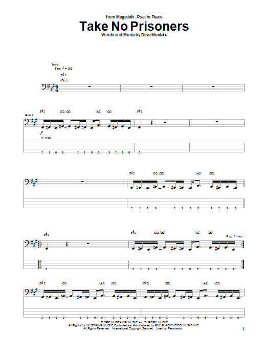 Take No Prisoners (Bass Guitar Tab) von Megadeth