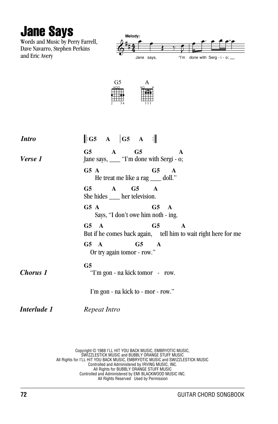 Jane Says (Guitar Chords/Lyrics) von Jane's Addiction