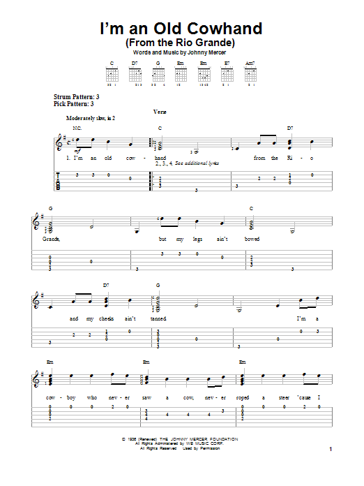 I'm An Old Cowhand (From The Rio Grande) (Easy Guitar Tab) von Johnny Mercer