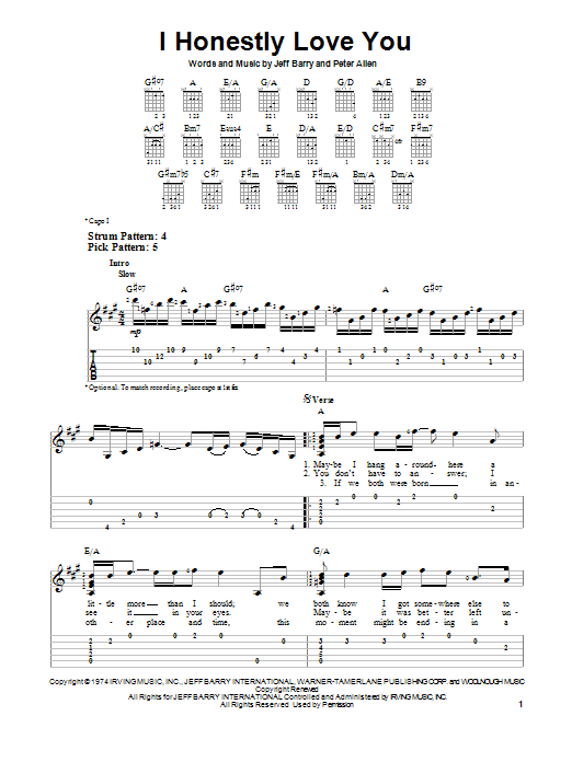 I Honestly Love You (from The Boy From Oz) (Easy Guitar Tab) von Olivia Newton-John