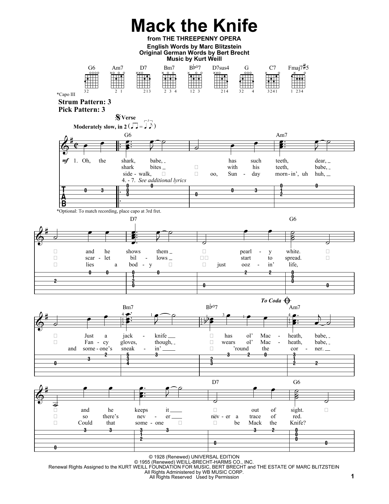 Mack The Knife (Easy Guitar Tab) von Bobby Darin