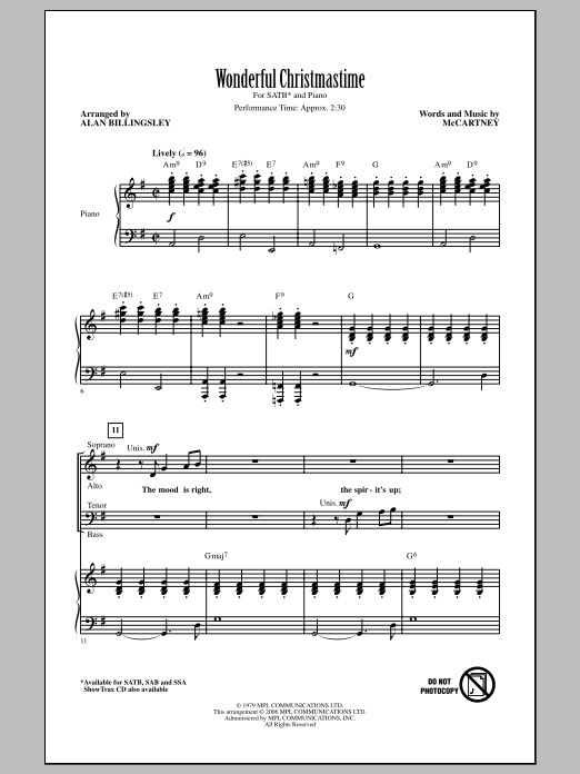Wonderful Christmastime (arr. Alan Billingsley) (SATB Choir) von Paul McCartney