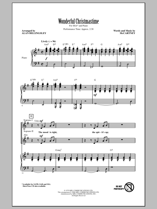 Wonderful Christmastime (arr. Alan Billingsley) (SSA Choir) von Paul McCartney