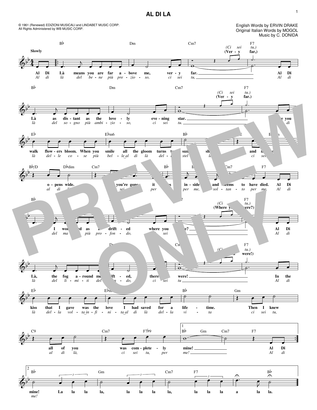 Al Di La (Lead Sheet / Fake Book) von C. Donida