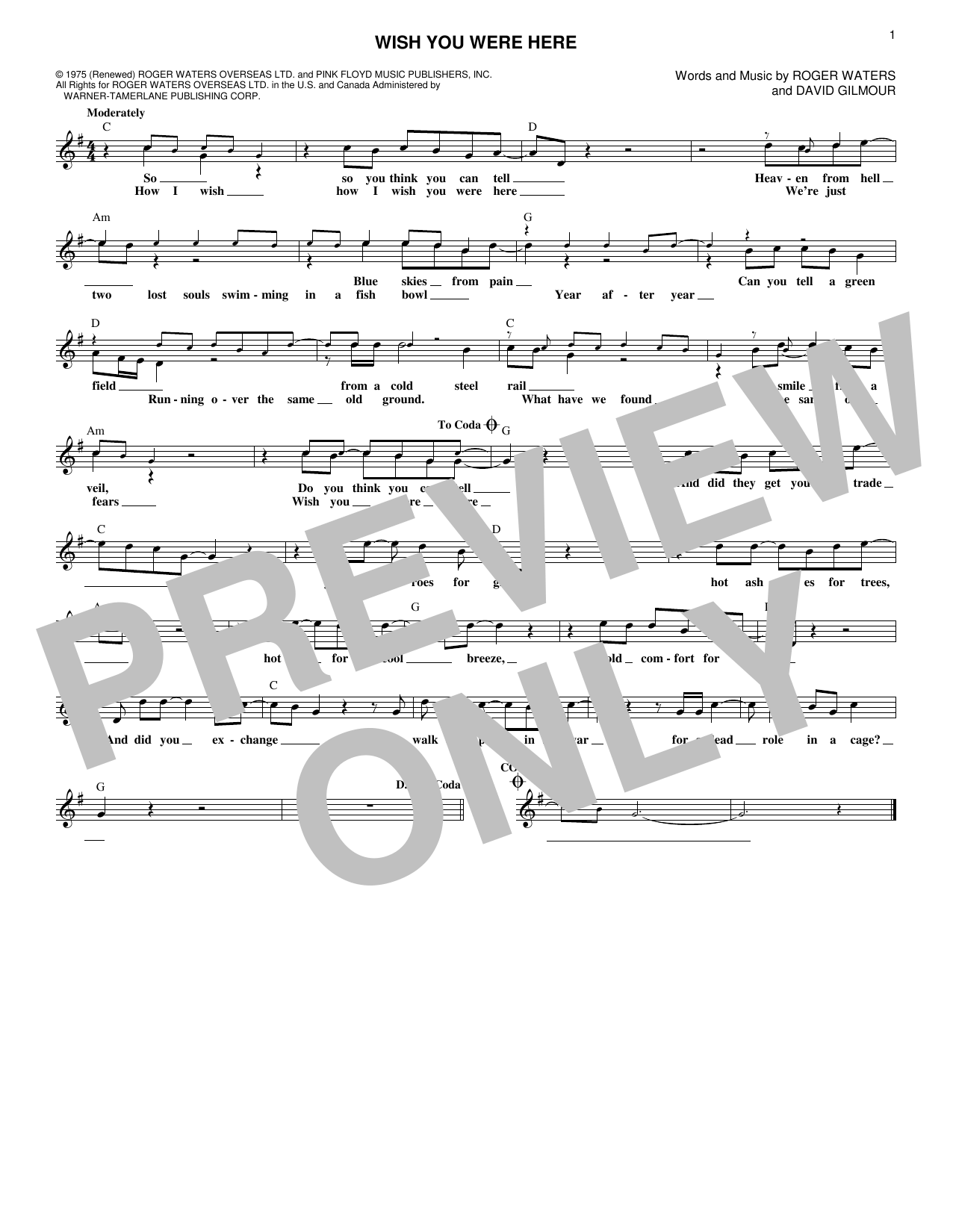 Wish You Were Here (Lead Sheet / Fake Book) von Pink Floyd