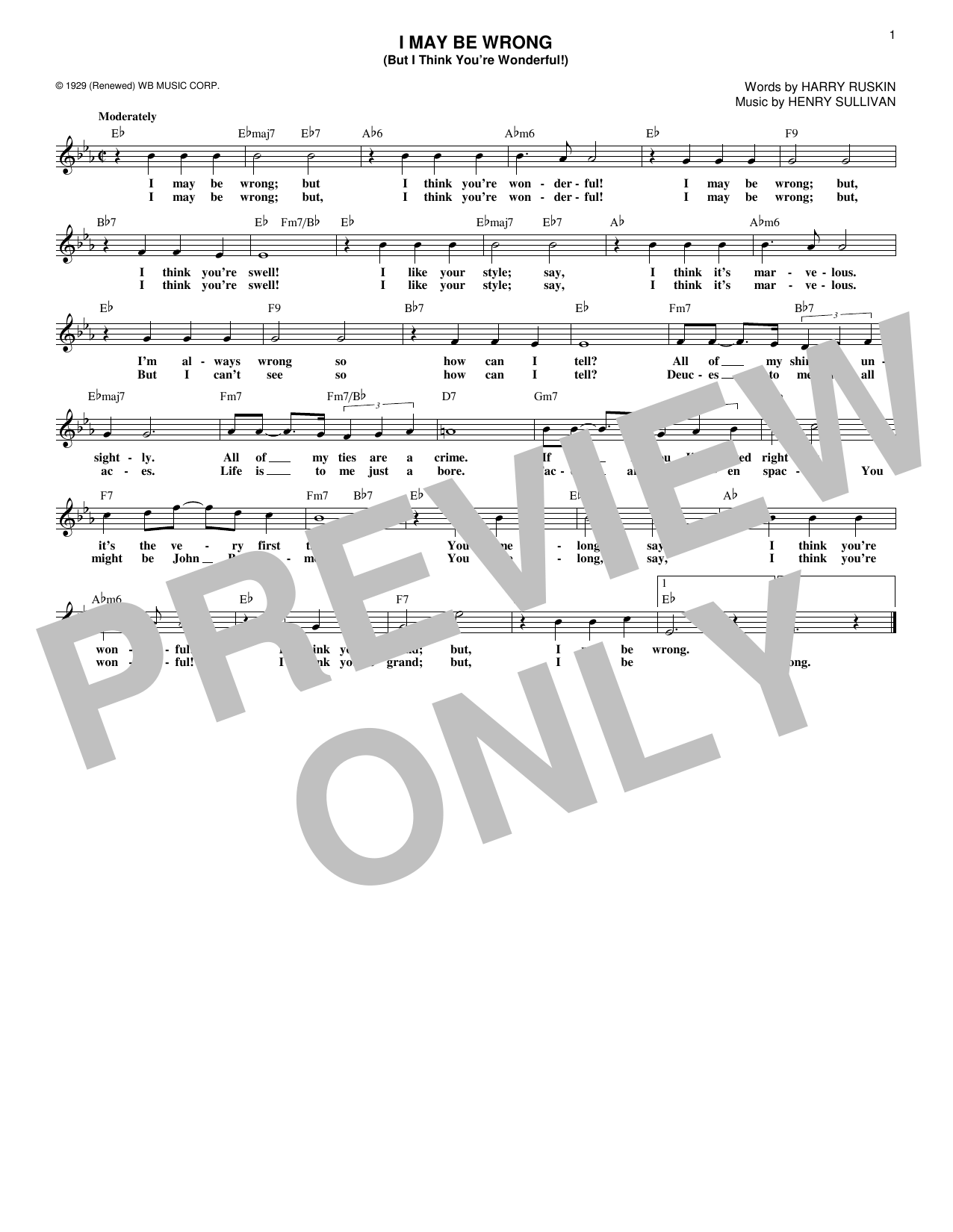 I May Be Wrong (But I Think You're Wonderful!) (Lead Sheet / Fake Book) von Harry Ruskin