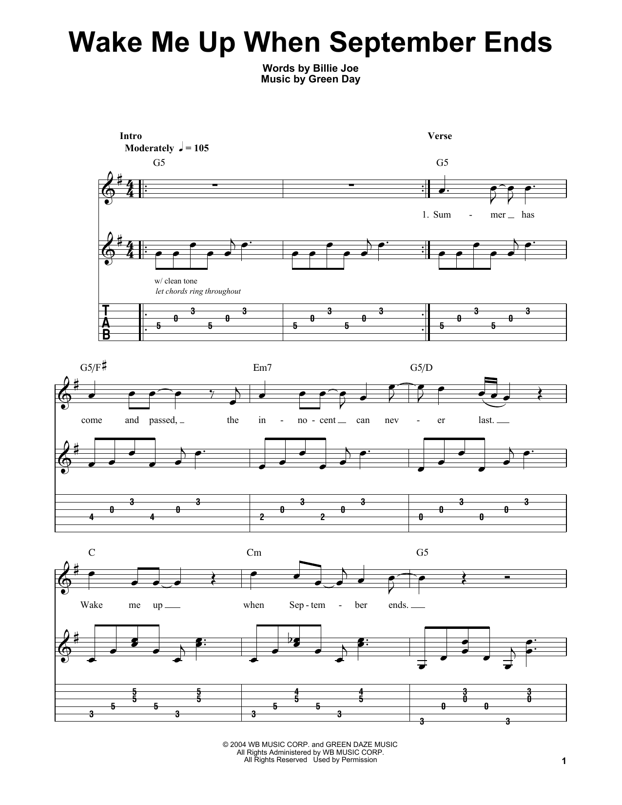 Wake Me Up When September Ends (Easy Guitar Tab) von Green Day