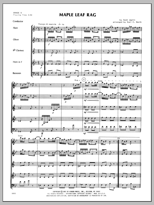 Maple Leaf Rag - Full Score (Woodwind Ensemble) von North