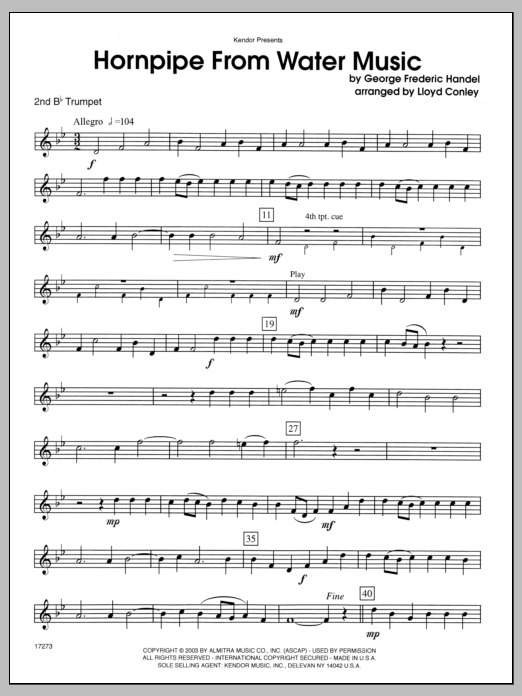 Hornpipe From Water Music - 2nd Bb Trumpet (Brass Ensemble) von Conley