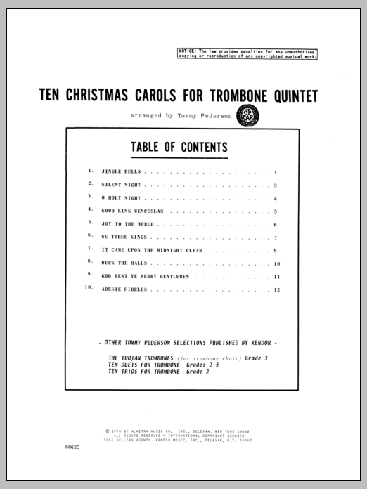 Ten Christmas Carols For Trombone Quintet - 4th Trombone (Brass Ensemble) von Pederson