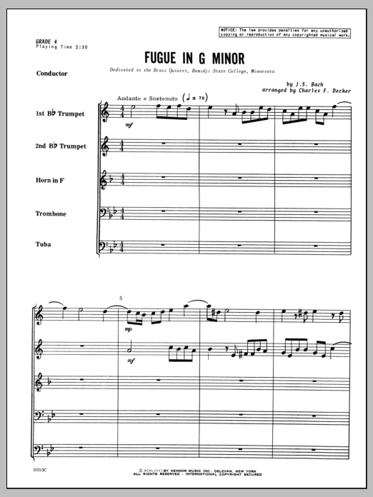 Fugue in G minor - Full Score (Brass Ensemble) von Decker