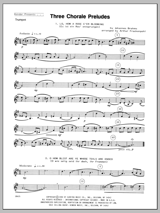 Three Chorale Preludes - Bb Trumpet (Brass Ensemble) von Arthur Frackenpohl