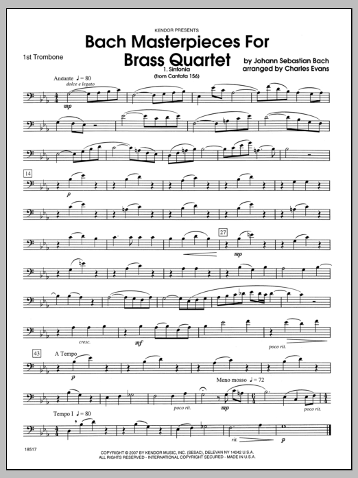 Bach Masterpieces For Brass Quartet - 1st Trombone (Brass Ensemble) von Evans
