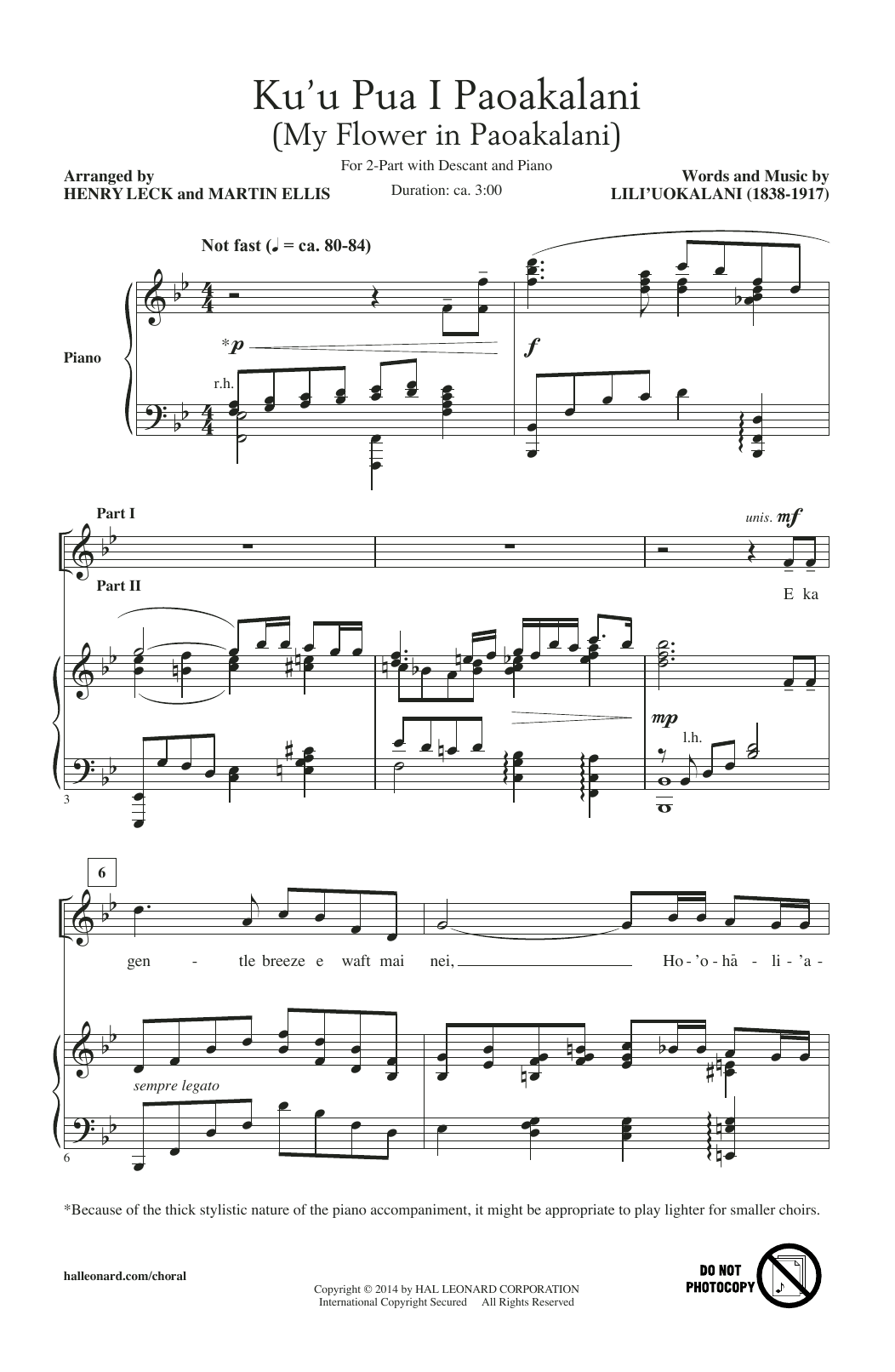 Ku'u Pua I Paoakalani (2-Part Choir) von Henry Leck