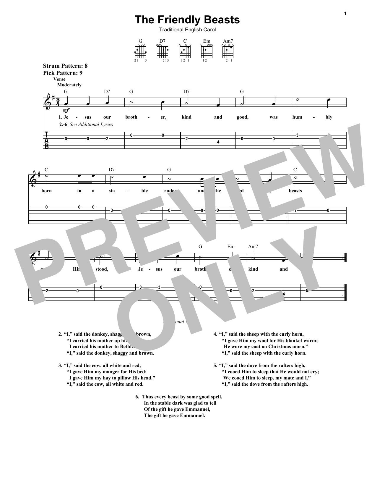 The Friendly Beasts (Easy Guitar Tab) von Traditional English Carol