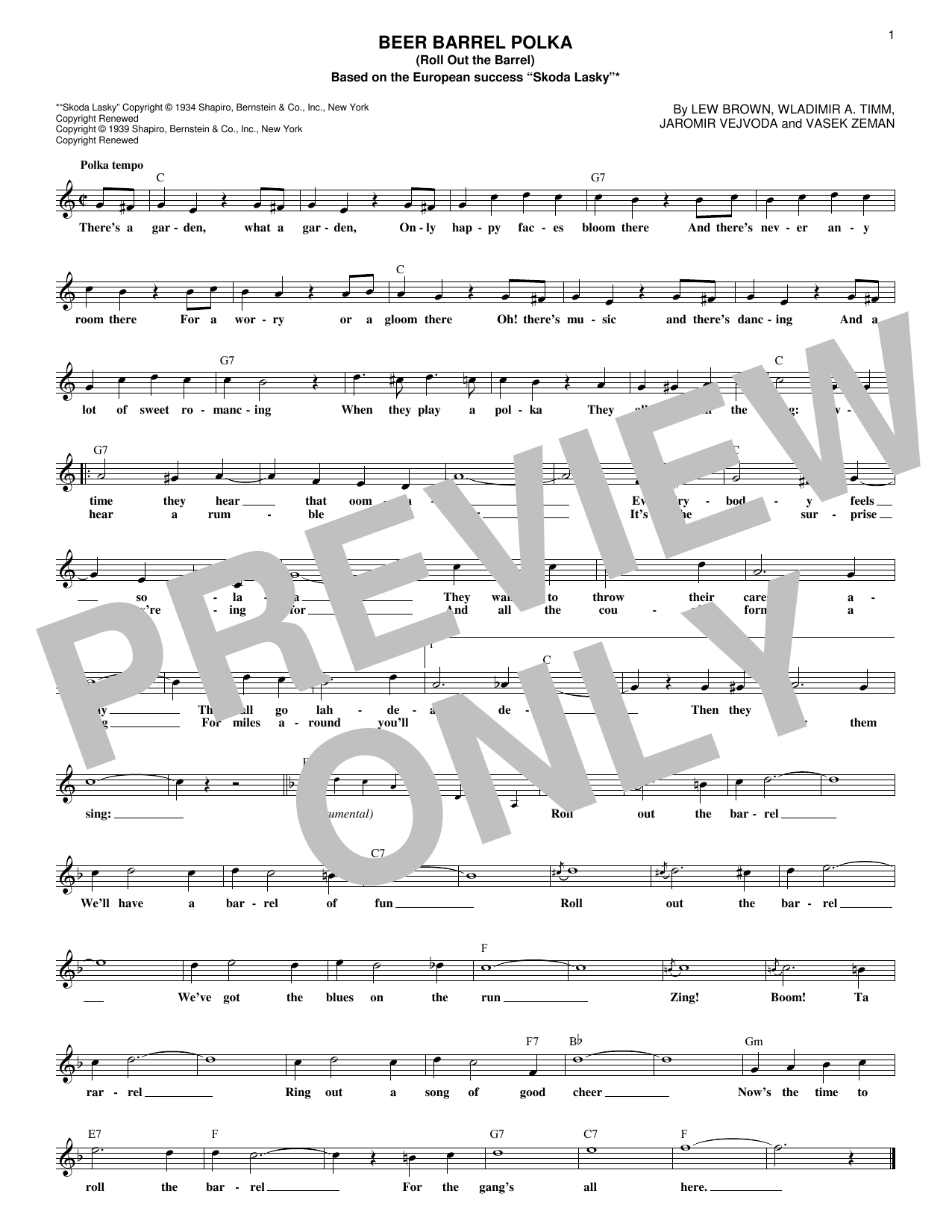 Beer Barrel Polka (Roll Out The Barrel) (Lead Sheet / Fake Book) von Bobby Vinton