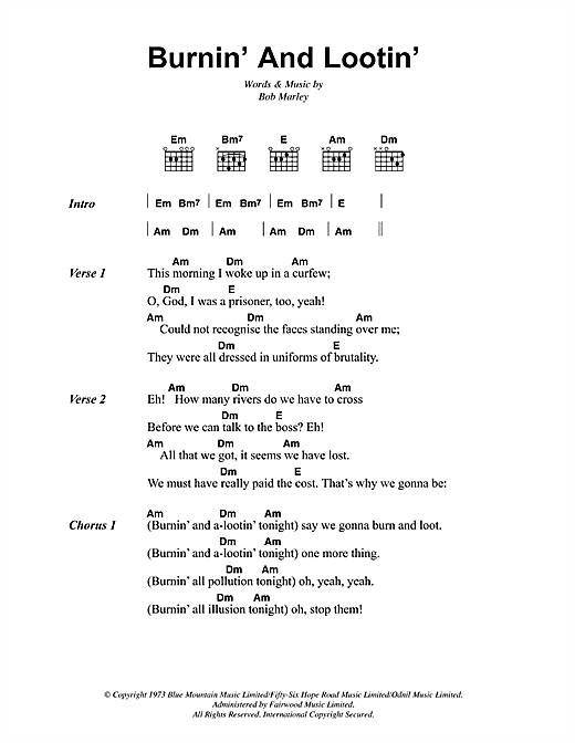 Burnin' And Lootin' (Guitar Chords/Lyrics) von Bob Marley