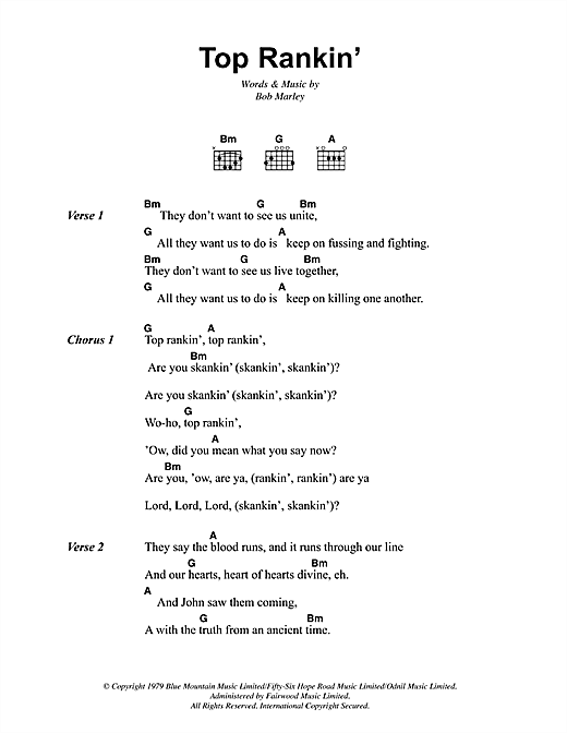 Top Rankin' (Guitar Chords/Lyrics) von Bob Marley