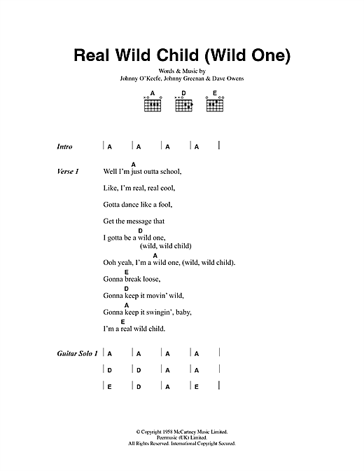 Real Wild Child (Wild One) (Guitar Chords/Lyrics) von Johnny O'Keefe