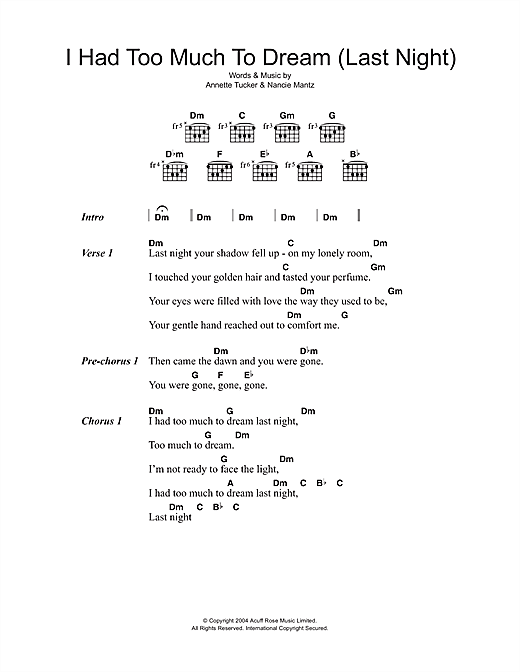 I Had Too Much To Dream (Last Night) (Guitar Chords/Lyrics) von The Electric Prunes