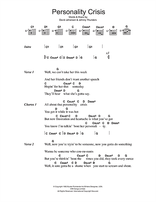 Personality Crisis (Guitar Chords/Lyrics) von The New York Dolls