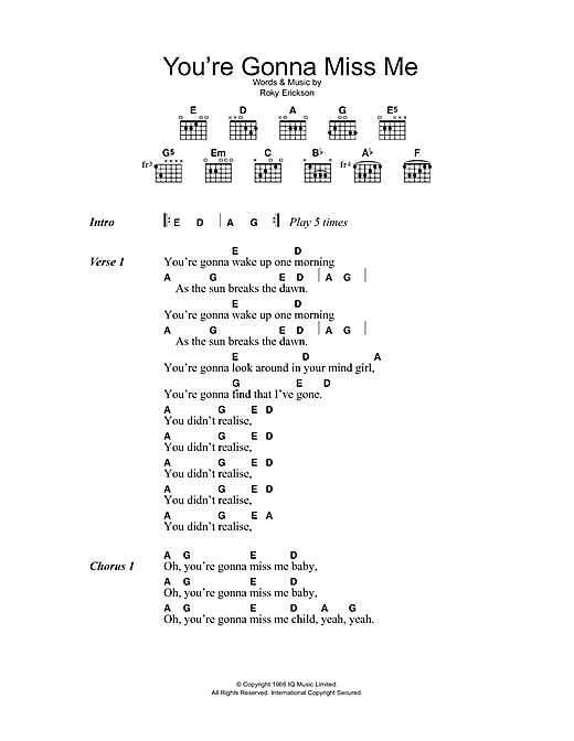 You're Gonna Miss Me (Guitar Chords/Lyrics) von The Thirteenth Floor Elevators