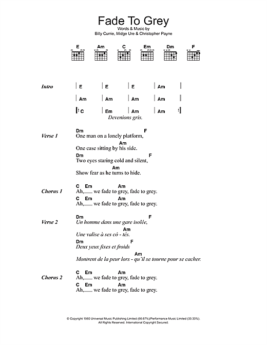 Fade To Grey (Guitar Chords/Lyrics) von Visage