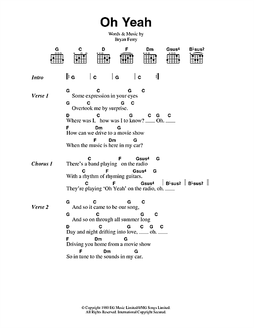 Oh Yeah (Guitar Chords/Lyrics) von Roxy Music