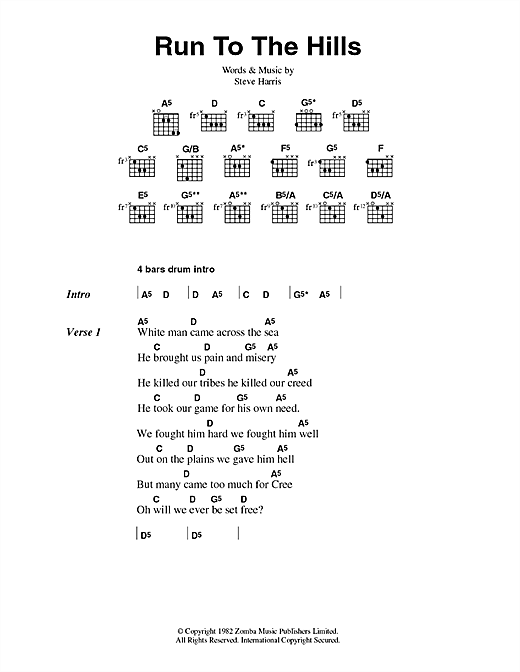 Run To The Hills (Guitar Chords/Lyrics) von Iron Maiden