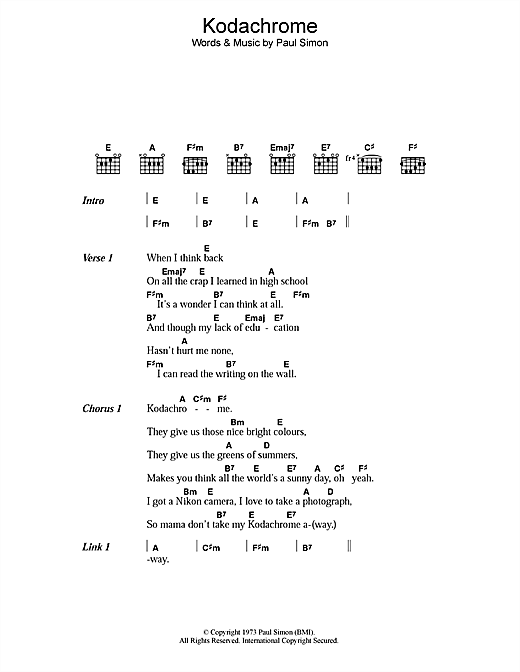 Kodachrome (Guitar Chords/Lyrics) von Paul Simon