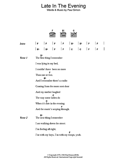 Late In The Evening (Guitar Chords/Lyrics) von Paul Simon