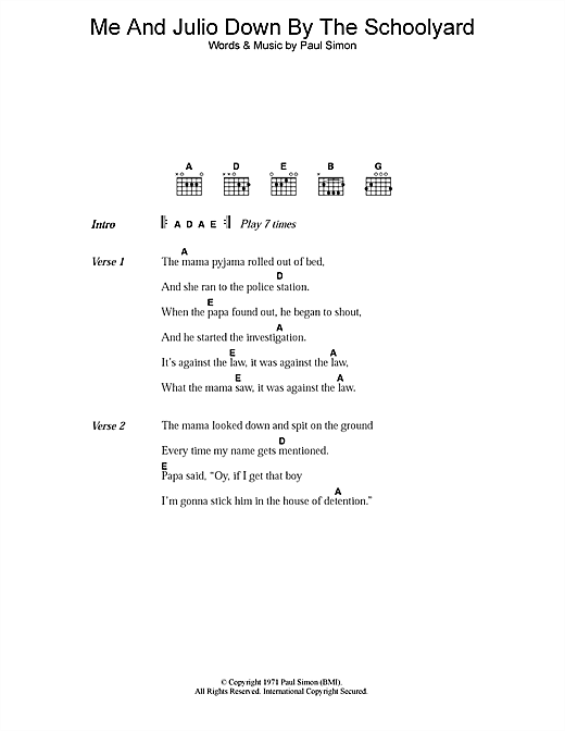 Me And Julio Down By The Schoolyard (Guitar Chords/Lyrics) von Paul Simon