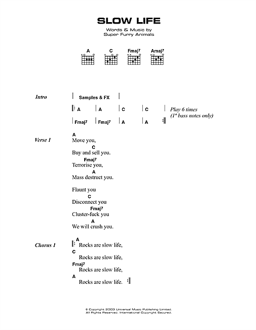 Slow Life (Guitar Chords/Lyrics) von Super Furry Animals