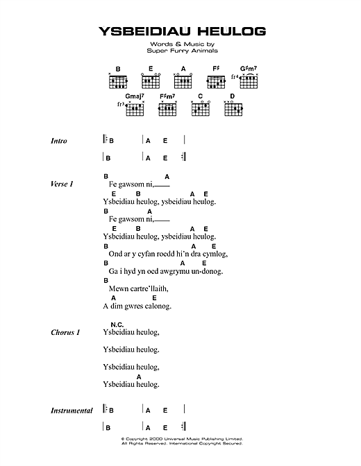 Ysbeidiau Heulog (Guitar Chords/Lyrics) von Super Furry Animals